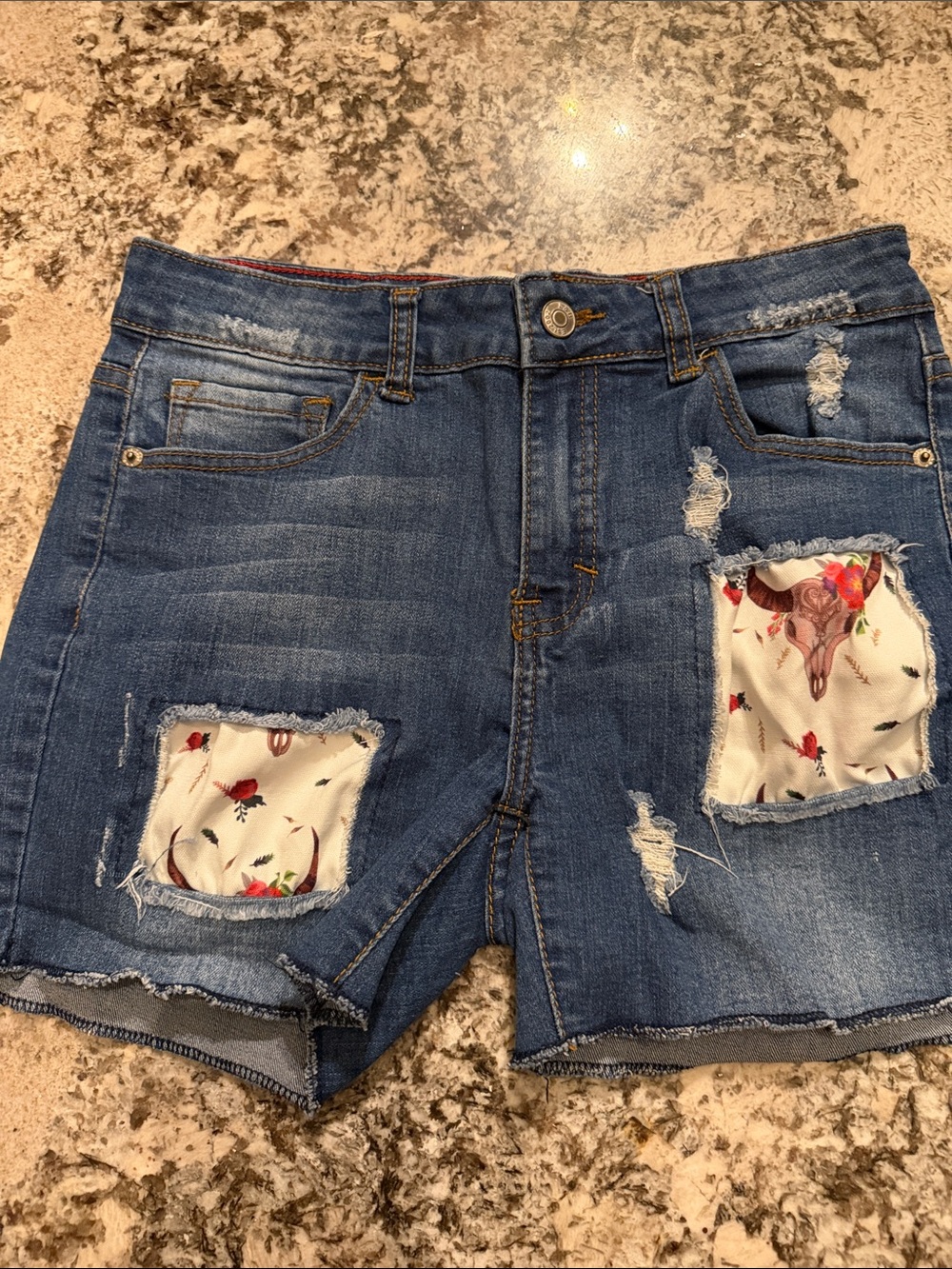 L&B Blue Distressed Denim Shorts with Floral Patch